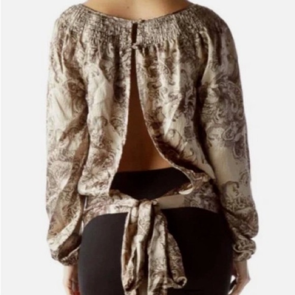 BCBG Max Azria Brown Beige L Baroque Print Long Sleeve Open Back Silk Blouse - Picture 2 of 12